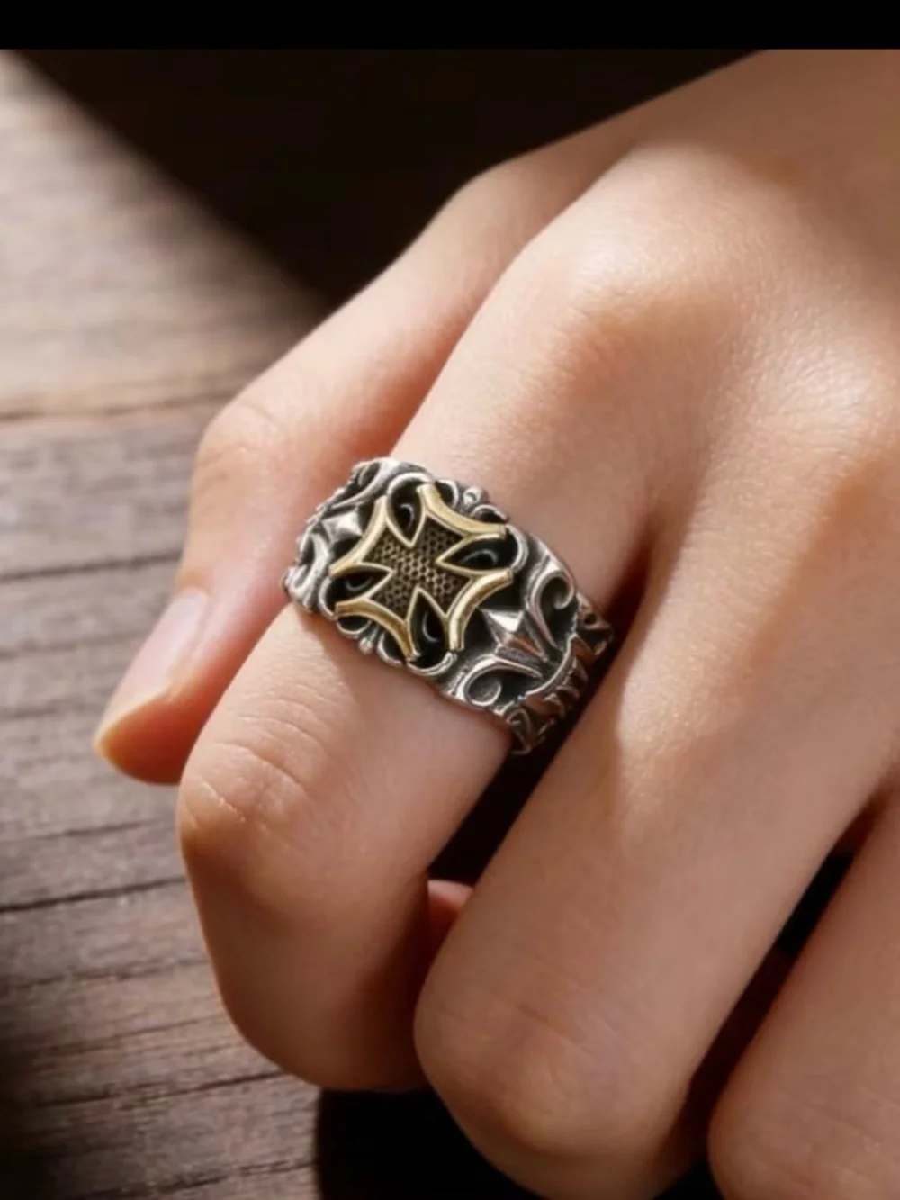 Men's Gothic Cross Two-Tone Stainless Steel Ring - Silver & Gold Adjustable 9-14